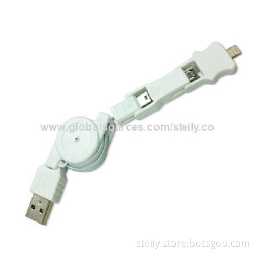 Retractable 3-in-1 USB2.0 Data Cable with Micro USB 5-pin, Mini USB 5-pin, 8-pin Tips, for iPhone 5New